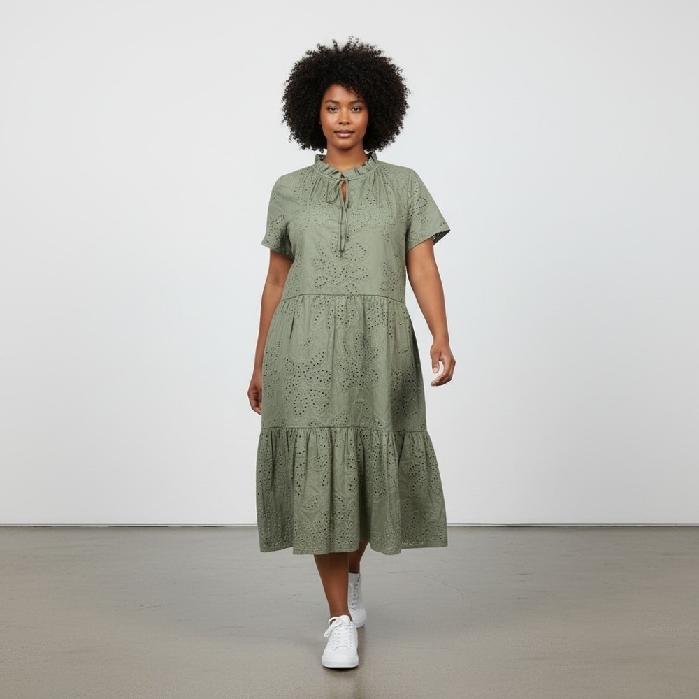 Joie Womens XL Eyelet Ruffled Tiered Green Baby Doll Short Cotton Pockets Dress